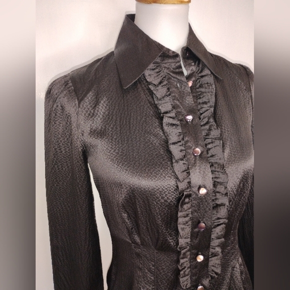 DARK CHOCOLATE TEXTURED SILK BLOUSE - Picture 5 of 8